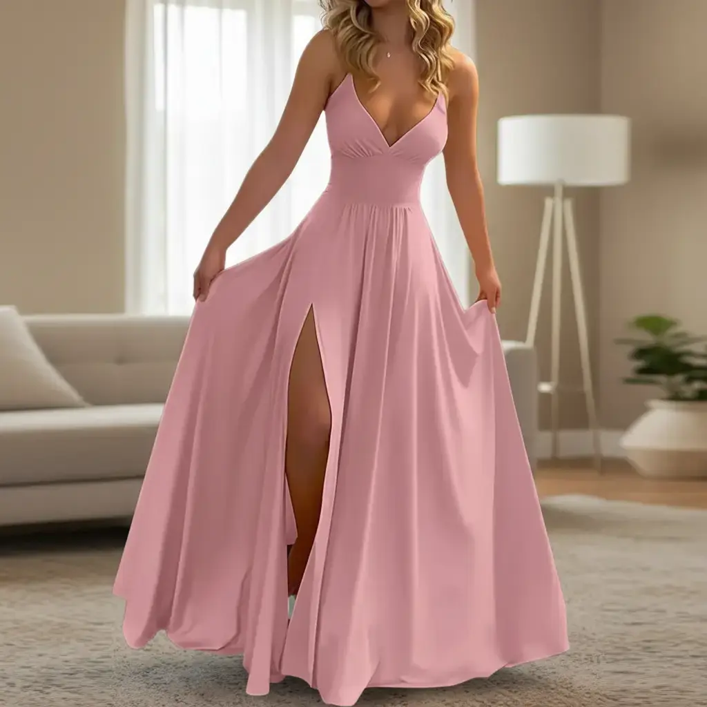 Women's Chic Cotton Soft Comfortable Euro-American Style Solid-Color Camisole Maxi Dress with Slit - Elegant Formal Party Wear