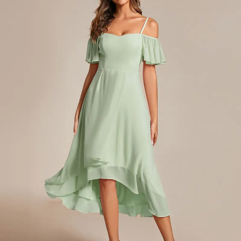 Ever-Pretty Women's Off-Shoulder Ruffle Chiffon A-Line Midi Dress 02103 - Shortsleeve, Spaghetti Strap, High-Low Hem, Concealed Back Zipper, Cold-Shoulder Glam, Sleek Formal Wedding Guest Dresses for Women