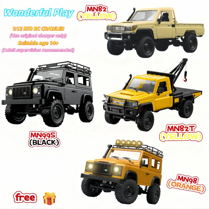 MN82/MN82T/MN99S/MN98 1:12 & JXC18 1:18 RC Model Car Remote Controlled Vehicles, 2.4GHz High-Torque 4WD RC Crawler, Dual-Speed, LED Lights, Includes Cells, Rechargeable Birthday Gift (Batteries Packed Separately)