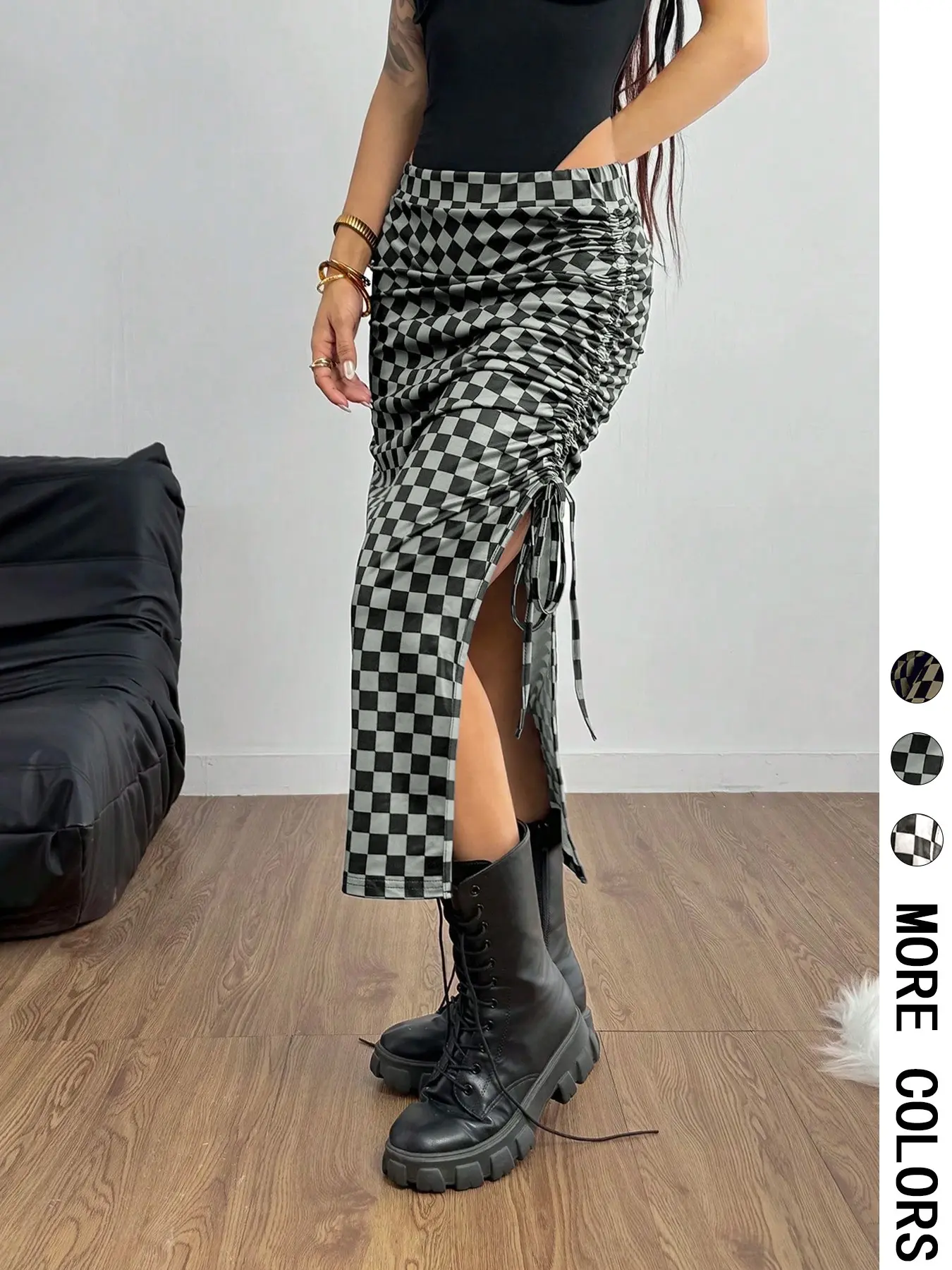 Women's Plaid Adjustable Drawstring Waist Stretch Skirt, Casual Sporty Activewear Split Design, Slim Fit Half-Length Skirt for Daily Wear & Outdoor Activities, Sports Skirts, Bottom, Womenswear, Fashion Plaid Skirt