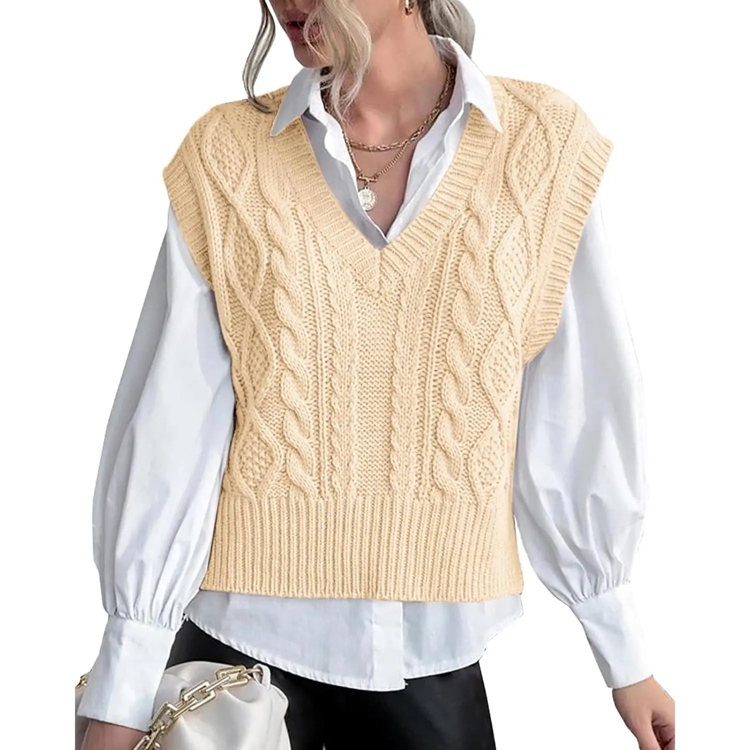 Women's Basic V-Neck Sleeveless Ribbed Solid Knit Preppy Pullover Sweater Vest, Cozy Layers Casual Top