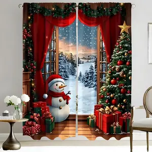 2D Flat 2Pcs Christmas Window Curtains Snowman Santa Tree Scene Design Red Festive Drapes Holiday Winter Snow Thermal Insulated Decorative Curtain Panel for Living Room Bedroom Home Decor Gift Box Accessory Window Decorations Supplies