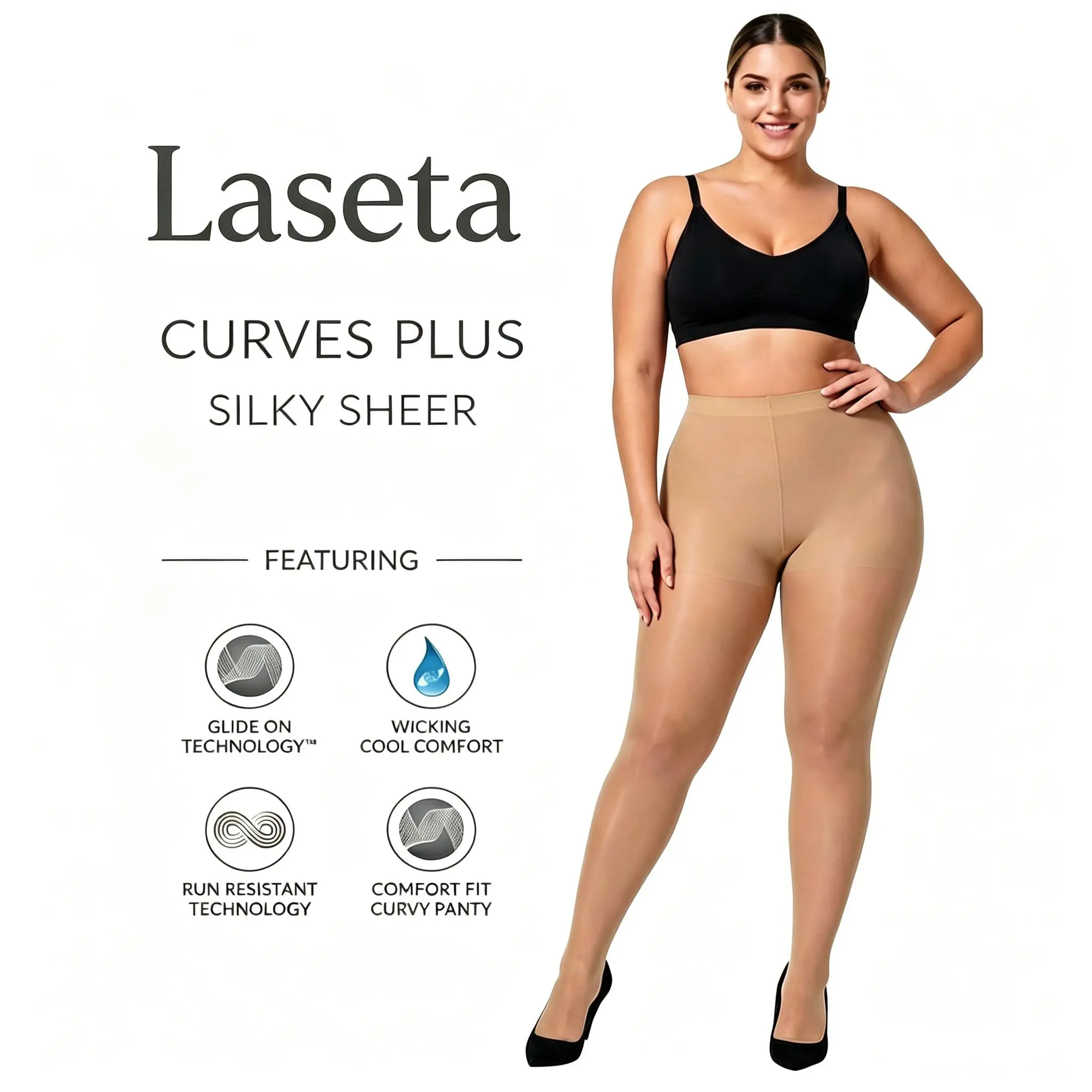 LASETA Women's Plus Size Control Top Tights - 4-Piece, 20D Ultra-Soft Sheer Nylon Pantyhose, Anti-Roll High Waist, Comfortable Fabric for Everyday Day Wear, Evening, Anti-Roll Waist