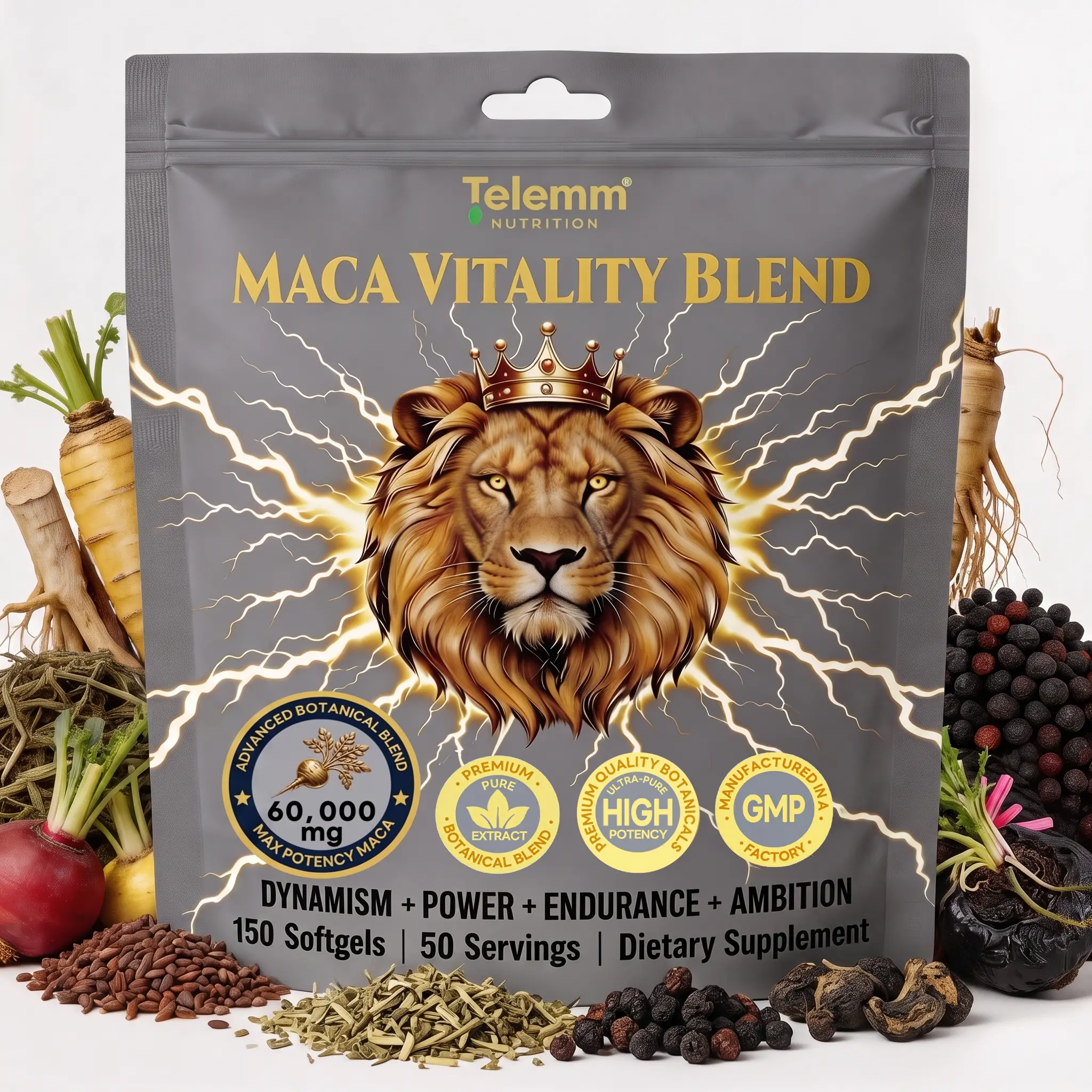 Telem Natural Maca Rhizome Softgels,60000mg Multi-Hue Maca Root Blend with Shilajit,Ashwagandha,Panax Ginseng,Caffeine Free Daily Plant-Based Nourishment for Adult Users,150 Softgels 50 Daily Servings,Mild Low-Allergen GMP Herbal Supplement