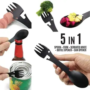 Stainless steel multi-functional knife, fork and spoon picnic 5-in-1 integrated fork and spoon gadgets outdoor camping convenient tableware Folding D2 Battlewash Knife Set durable d2 steel knife damascus steel Stainless Steel Camping Oil Lantern knife set