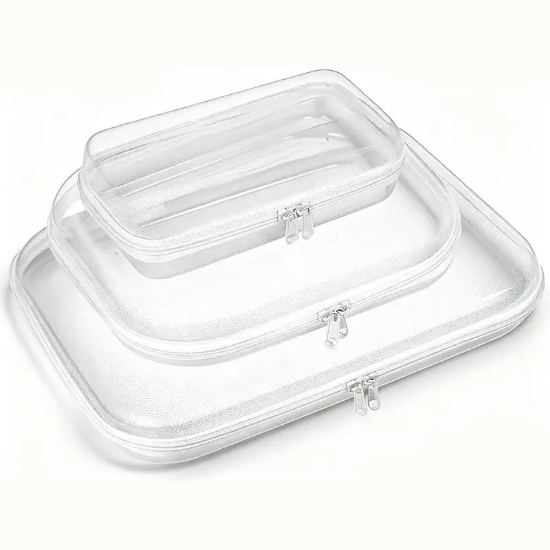 3-Pack Clear Hard Shell Waterproof Zipper Case Hard Plastic Pouch Cosmetic Bag Pencil Toy Storage Organizer for Travel Office Home
