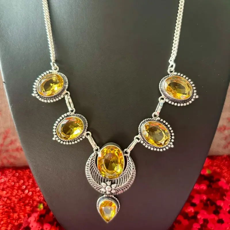Natural Citrine Gemstone Set Necklace & Earrings On 925 Sterling Silver