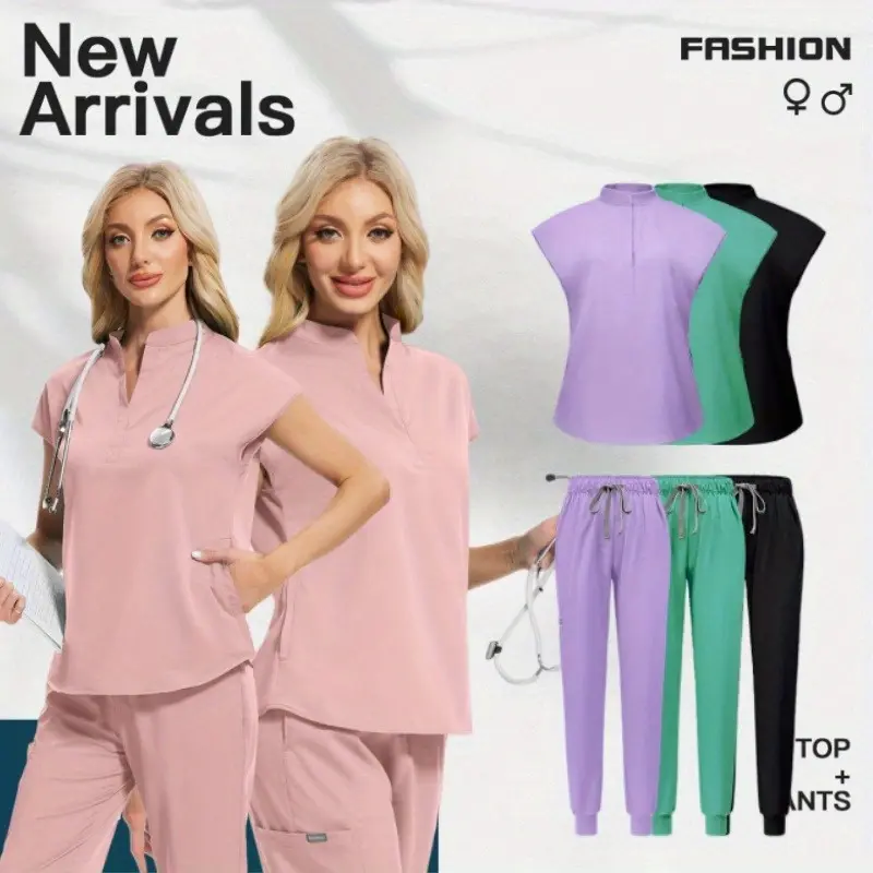 Regular & Petite Stretchy Scrubs Set for Women - Top + Pants Uniforms Small Stand-up Collar Top