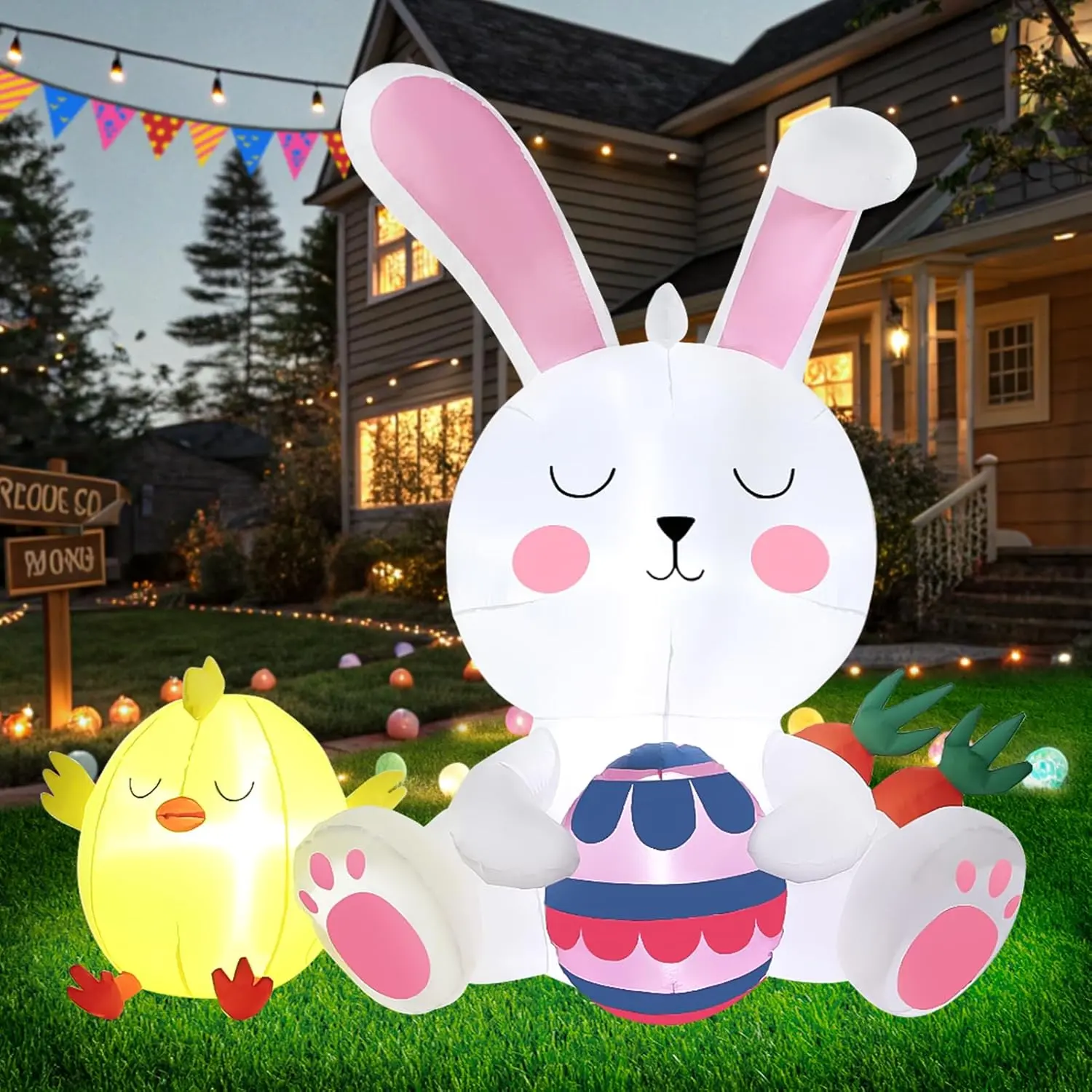 5FT Easter Inflatables Outdoor Decorations LED Lighted Inflatable Bunny Chick Blow ups with Carrot Egg for Outside Yard Party Garden Lawn