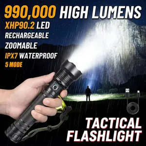 990000 High Lumens Rechargeable Flashlight | XHP90.2 Super Bright, Zoomable, IPX7 Waterproof Tactical Flashlight for Camping, Emergency, Outdoor
