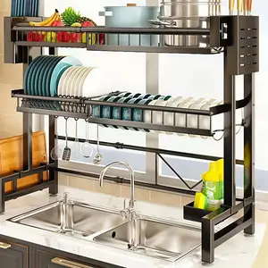 【Limited-Time Deal】Over Sink Rack Kitchen Over The Sink DishDrying Rack Organizer Large Space Saving DishDrainer Countertop Dishes Rack On CounterCaddy Utensil Metal Organizer  2 Tiers Rubber Adjustable Rock