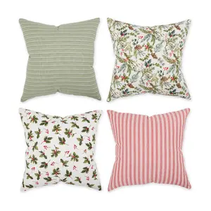 Design Imports Set of 4 Asst Holly Print/Stripe Pillow Covers