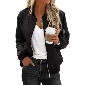 Women's Bomber Jacket Casual Coat Zipper Coat with Pockets Windbreaker S-XXL