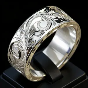 Hand Engraved 925 Sterling Silver Scroll Ring, Vintage Hand Carved Floral Swirl Wide Band, Unisex Hypoallergenic Statement Jewelry for Men Women, Retro Bohemian Daily Wear Anniversary Birthday Christmas Gift