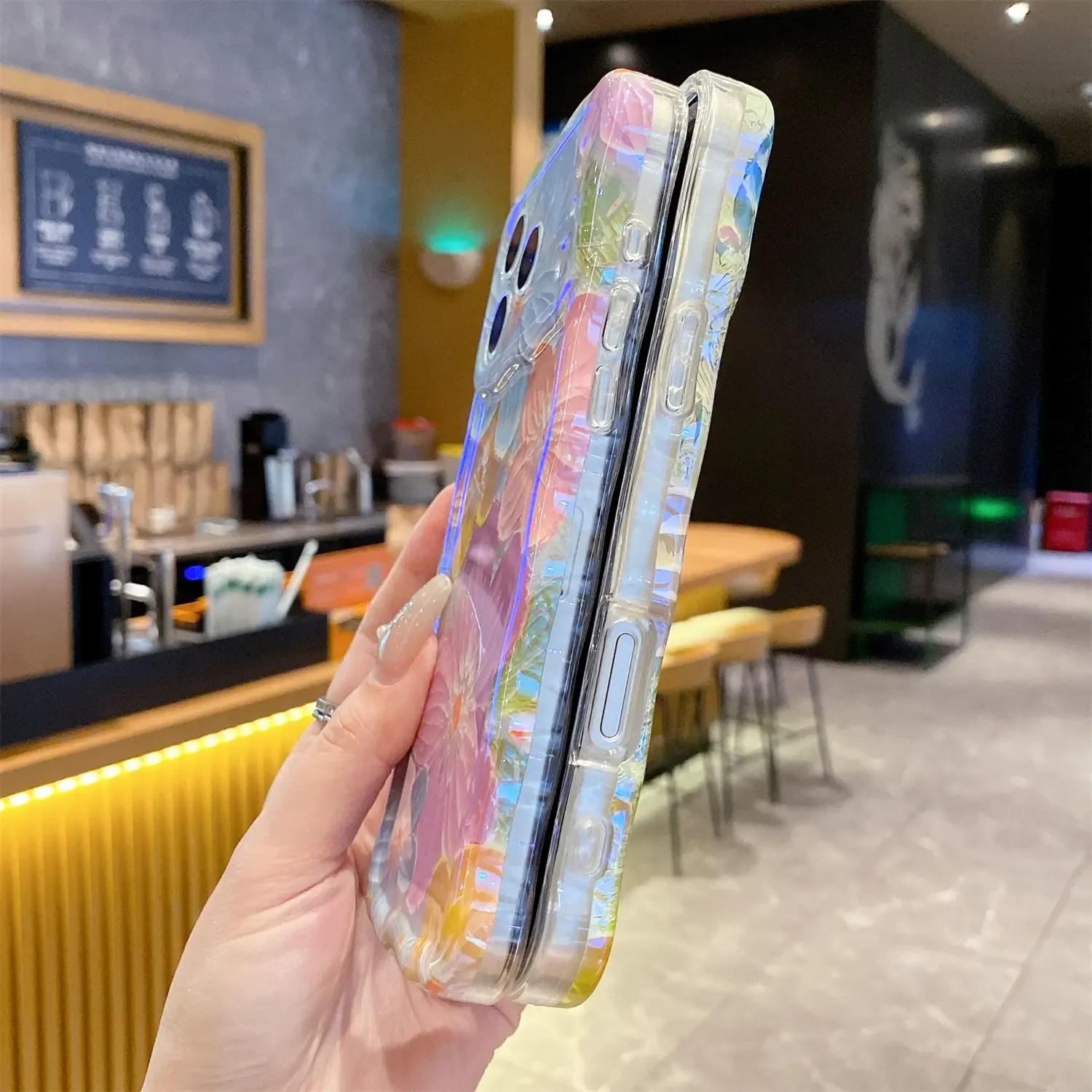 Laser Colorful Retro Oil Painting Flower Pattern for iPhone 17 Pro Max/17 Air 16 15 14 13 Pro Cute Curly Wave Frame Exquisite Phone Case for Girls Women, Shockproof TPU Protective Phone Cover