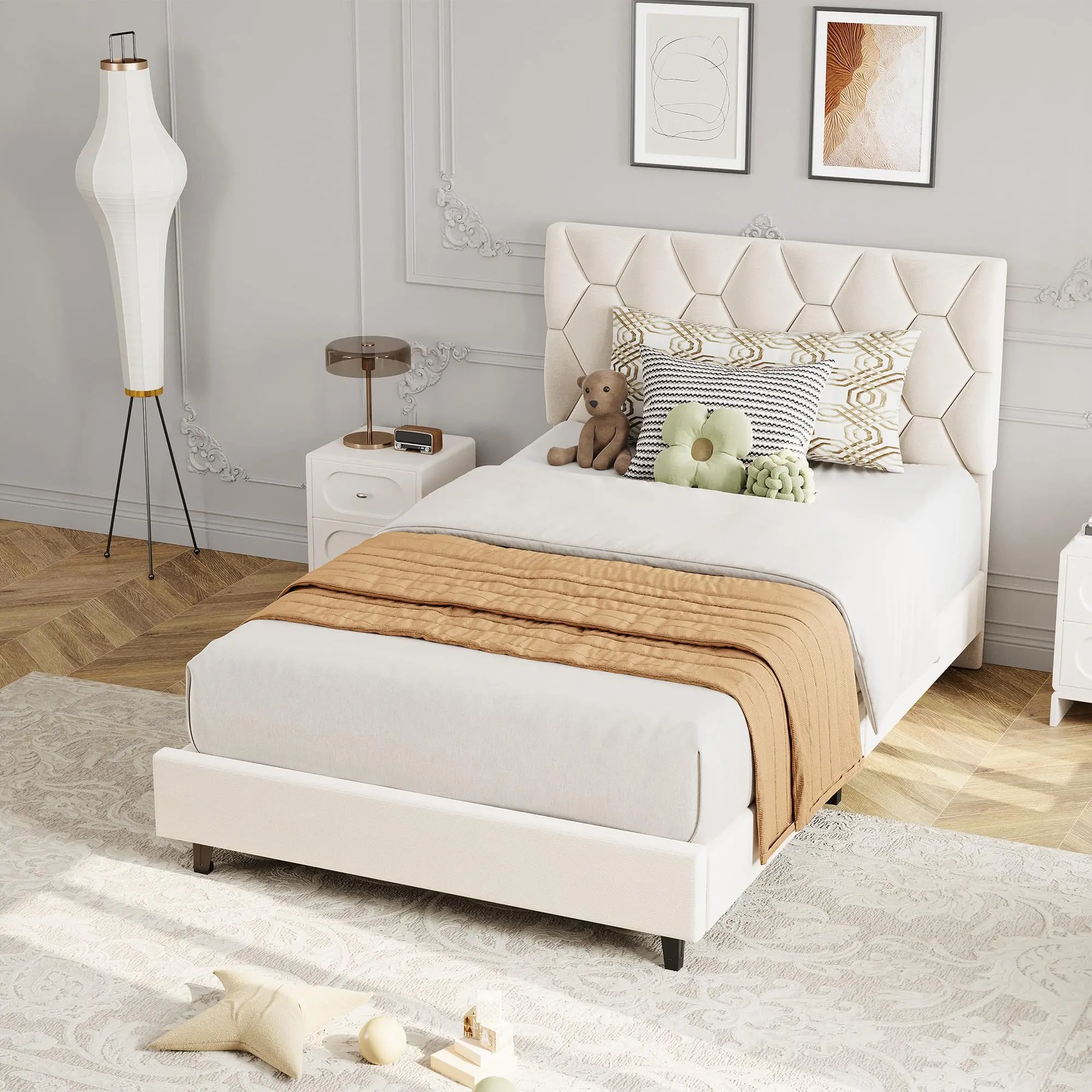 Garvee Beige Twin Upholstered Bed Frame, Heavy-Duty Platform Bed with Upholstered Headboard, Strong Wood Slats, No Box Spring Needed, Noise-Free, Easy Assembly, Twin Bed
