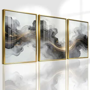3 Counts Aluminum Alloy Framed Painting, Abstract Black And Gold Fluid Art Pictures, Home Decoration For Living Room, Bedroom, Office, Restaurant, Hallway Wall Decor, Odorless Print Artwork, Luxury Perfect Gift For Friends And Family