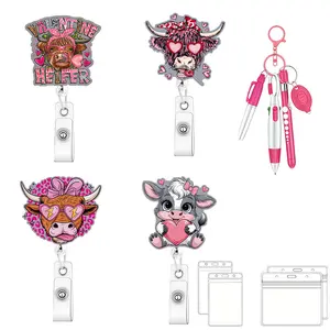 Valentine Heart Cow Badge Clip, Retractable Crocodile Clasp, Card Holder, Keychain, Pen & Marker Set, Durable Pull Tab, Office Use