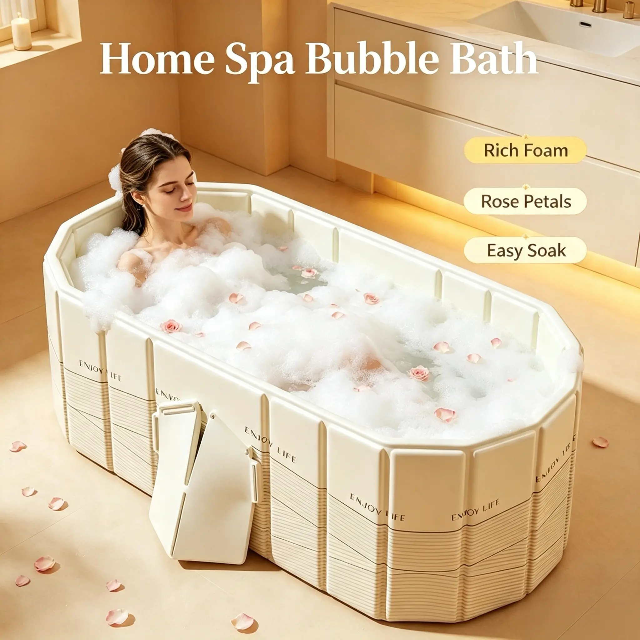 Large Foldable Adult Soaking Bathtub, Collapsible Freestanding Bath Tub for Indoor Home Spa, Tool-Free Quick Setup, Space Saving Portable Bath Container for Apartment & Family Use