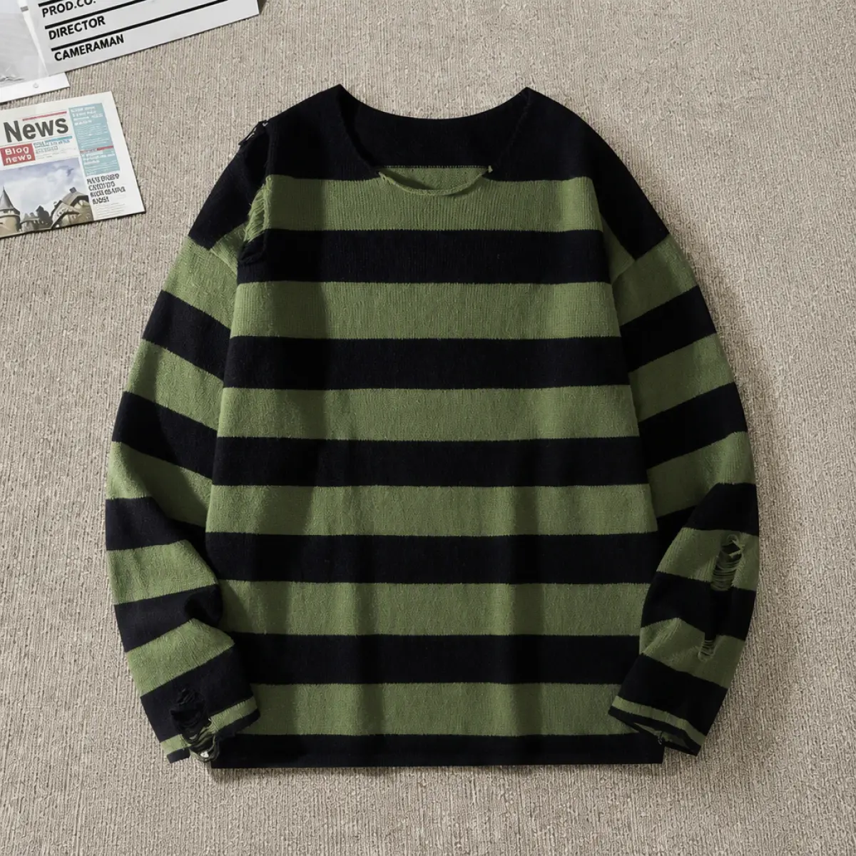 Men's Round Neck Long-Sleeve Polyester Knitting Pullover Sweater - Autumn Winter Chic Cute Striped Color-Blocking Distressed Hole Streetwear Tops, Unisex Neutral Casual Indoor Leisure Lightweight Knitwear