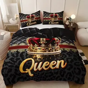 3-piece crown and letter print quilt cover set, including 1 quilt cover and 2 pillowcases. A great gift for friends. Suitable for single beds, double beds. Available in multiple sizes. Perfect for bedrooms, dormitories, guest rooms and hotel apartments.
