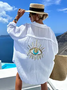 Women's Eye & Sun Design Sequin Pocket Shirt, Casual V Neck Long Sleeve Top for Spring & Fall, Fashion Women's Clothing for Daily Wear, Blouse