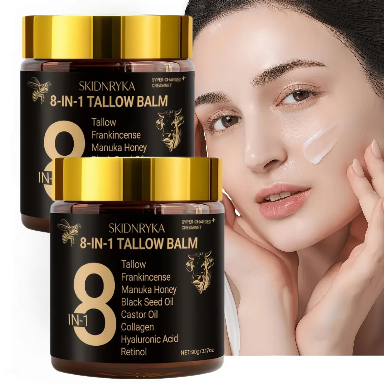 skidnryka Tallow Balm with Beef Tallow & Manuka Honey, 8-in-1 Moisturizing Face Cream with Retinol & Hyaluronic Acid for Normal & All Skin Types, 3.17oz, Moisturizer