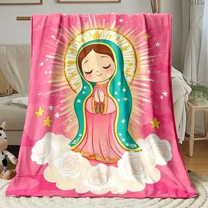 Cute Our Lady of Guadalupe Flannel Blanket Soft Cozy Plush Throw Perfect Gift for Religious Spiritual Loved Ones Warm Snuggle Blanket for Bedroom Living Room Adorable Pink Catholic Design