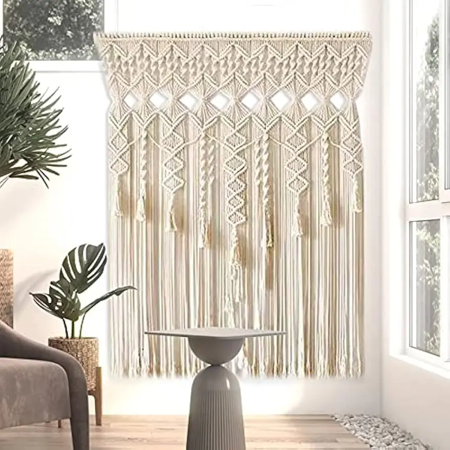 Vintage Boho Macrame Room Divider Curtains - 71x35in Beige Hand-Woven Polyester Window Hanging, Eco-Friendly Non-Toxic Corrosion-Resistant Durable Decor for Living Room to Create Warm Atmosphere