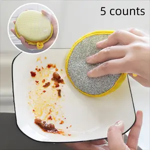 5-Pack Thickened Dual-Sided Round Sponge Scrubber, Dishwasher Safe, Eco-Friendly Kitchen Cleaning Tool, Home Use Dish Brush