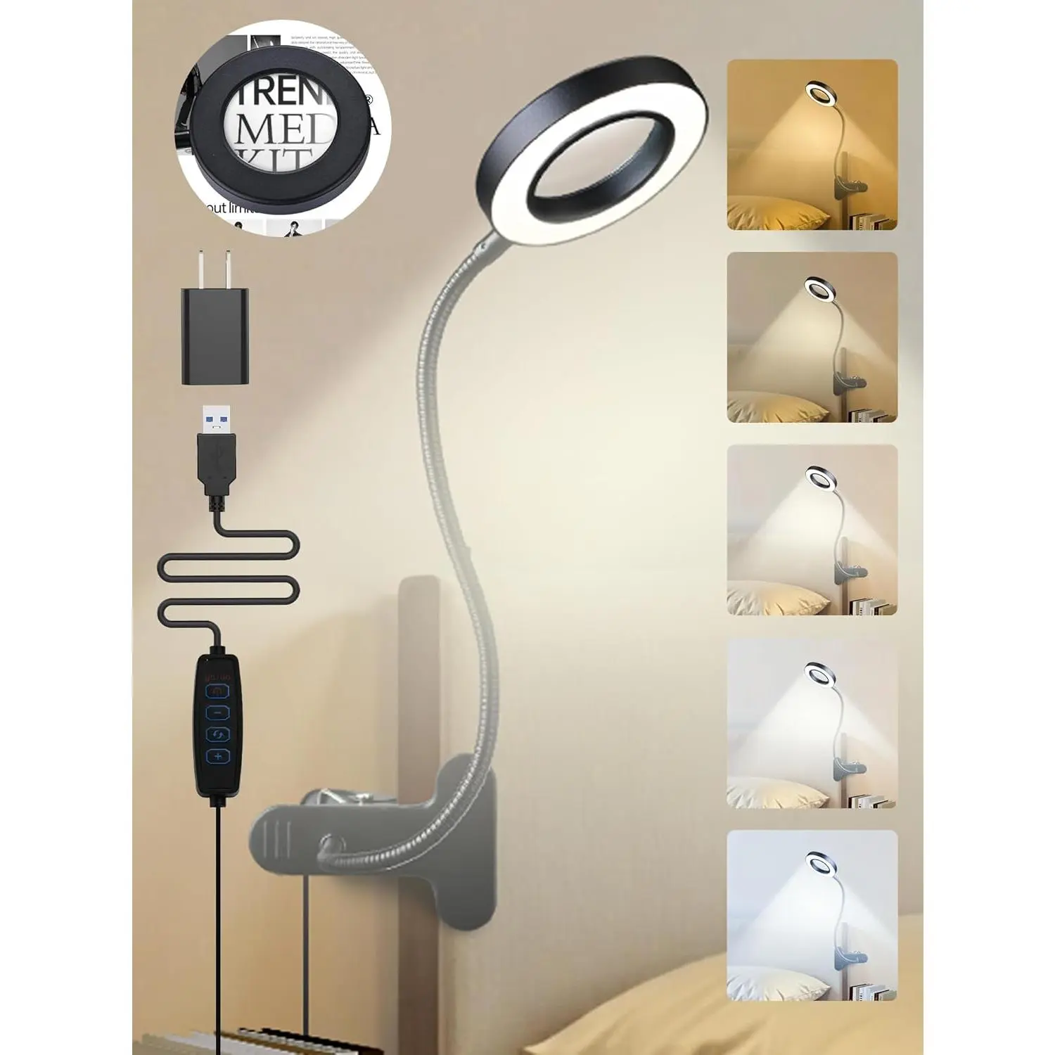 10X Magnifying Glass with Light,5 Colors+10 Brightness Reading Lamp,58 LED Magnifier with Light,750 Lumen Lighted Magnifying Glass for Reading,Clip  Lamp for Desk/Bed/Work/ [Adapter]