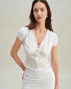 rihoas Women's Elegant White Textured Cap-Sleeve Cotton-Polyester Blouse Top with Lace Accents, Lady's Stylish Clothes