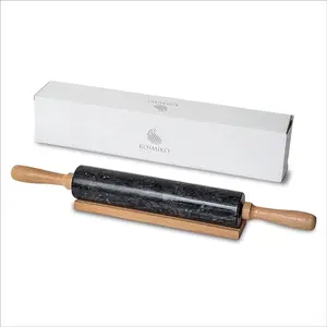 KOSMIKO Polished Marble Rolling Pin with Wooden Cradle 10-Inch Barrel for Bakers and Kitchen Enthusiasts