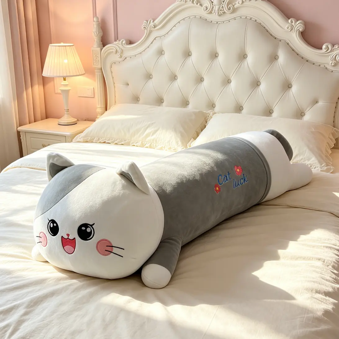 Soft Fufu “lying cat” long hugging sleep pillow; soothing leg-clip cushion; bedroom companion plush toy for ambiance