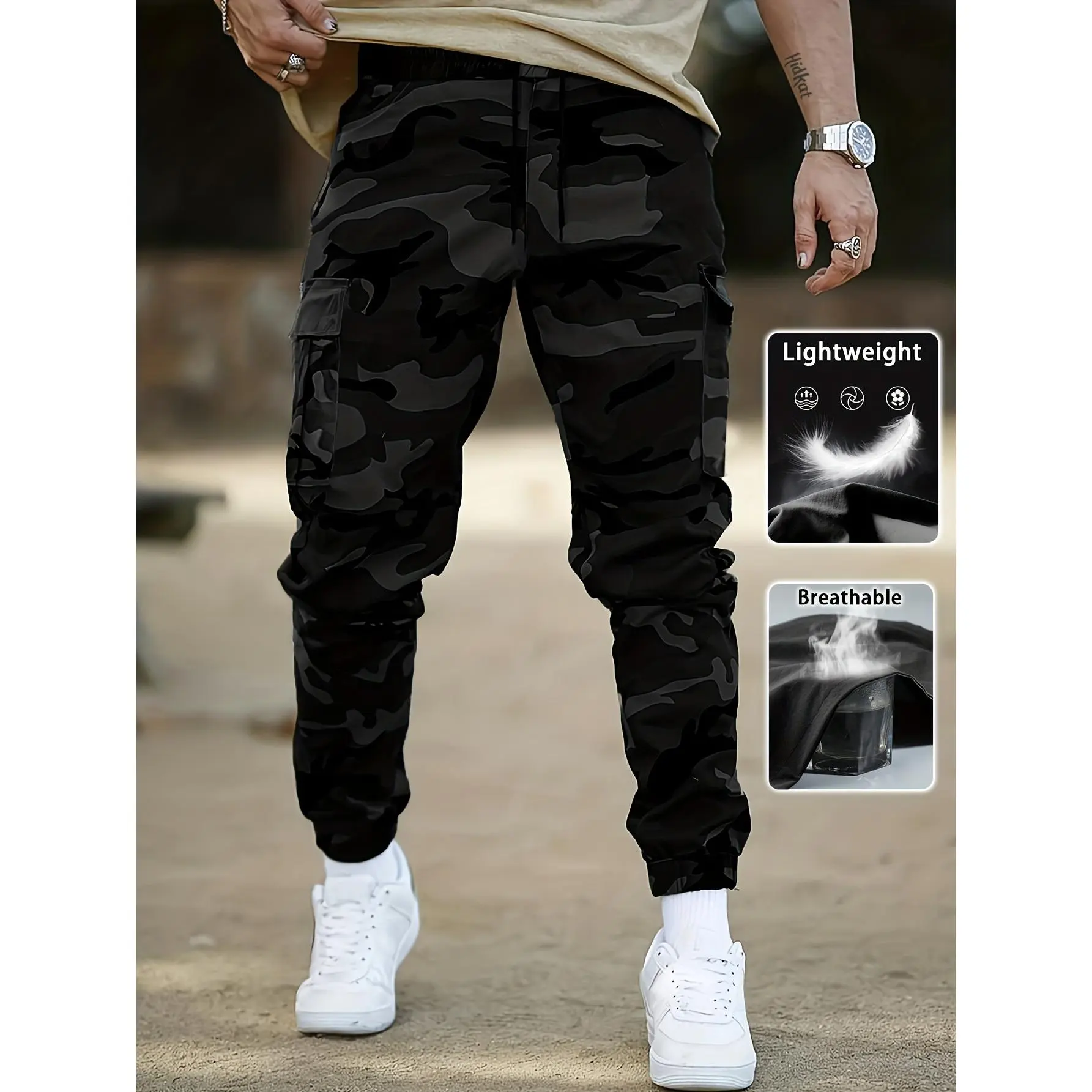 Men's Camouflage Work Pants with Drawstring Waist, Flap Pockets, and Lettering Patches—Stylish and Versatile, Perfect for Everyday Wear and Outdoor Street Style