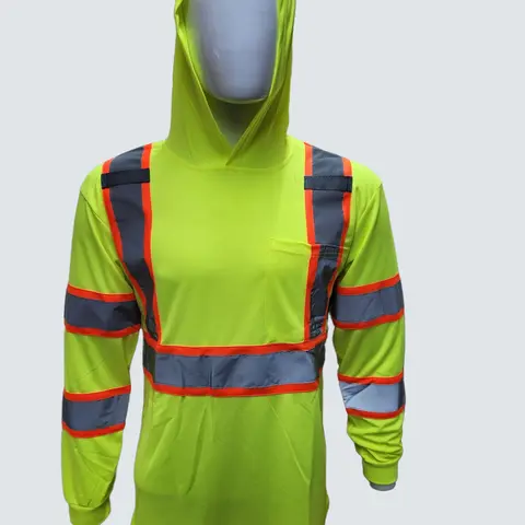 High Visibility Yellow Long Sleeve Safety Shirt with hoodie / ANSI Rate Class 3 Polyester