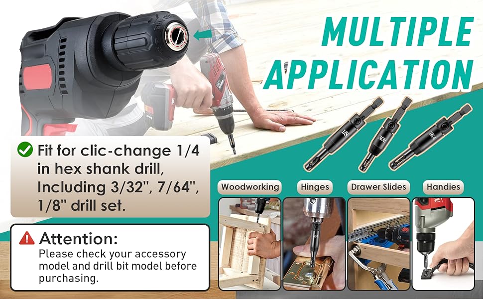 2026 Upgraded Self Centering Drill Bit Set, 3/32" 7/64" 1/8" Center Hinge Drill Bit for 1/4In Hex Shank Drills, Installing Hinge & Drilling Pilot Hole, Ultra-Hard Steel, High-Precision