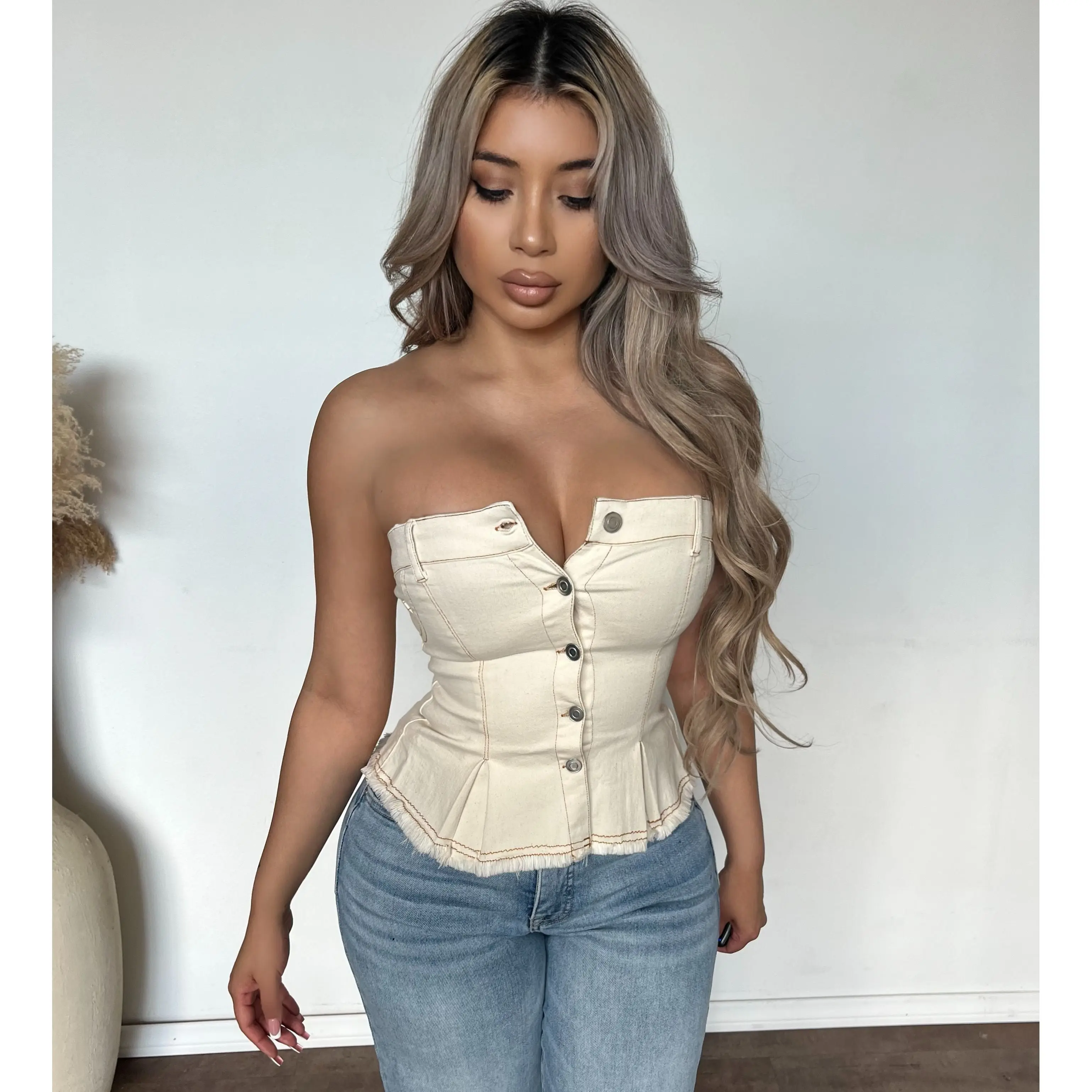 Domonique Denim Corset Top (Cream)