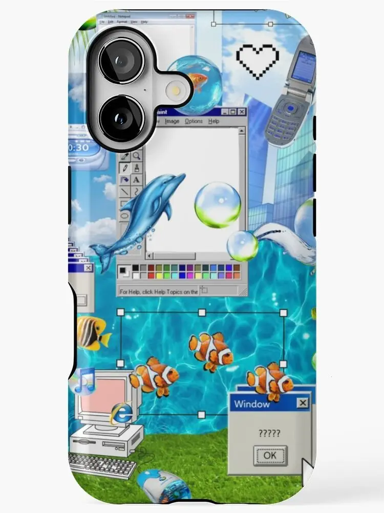 Frutiger Aero Tough Phone Case for iPhone 17 16 15 14 Pro Max, Y2K Dolphin Ocean Collage Cover, Shockproof Protective Case, Retro Tech Gift for Her