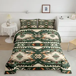 Feelyou Green Southwestern Bedding Set - Luxury Decorative Microfiber, Geometric Designer Comforter, Tribal Native American Indian Style, Exotic Stripe Line Duvet, Decorative Bedding Set, Microfiber Bedding Set