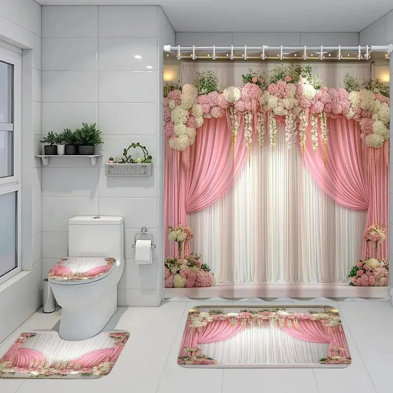 Polyester Floral Shower Curtain Set (1/4 Pcs) - Non-Slip Bathroom Floor Mat, U-Shaped Carpet, Toilet Lid Cover, 12 Free Shower Curtain Hooks for Bathroom Decoration & Partition, Shower Curtains