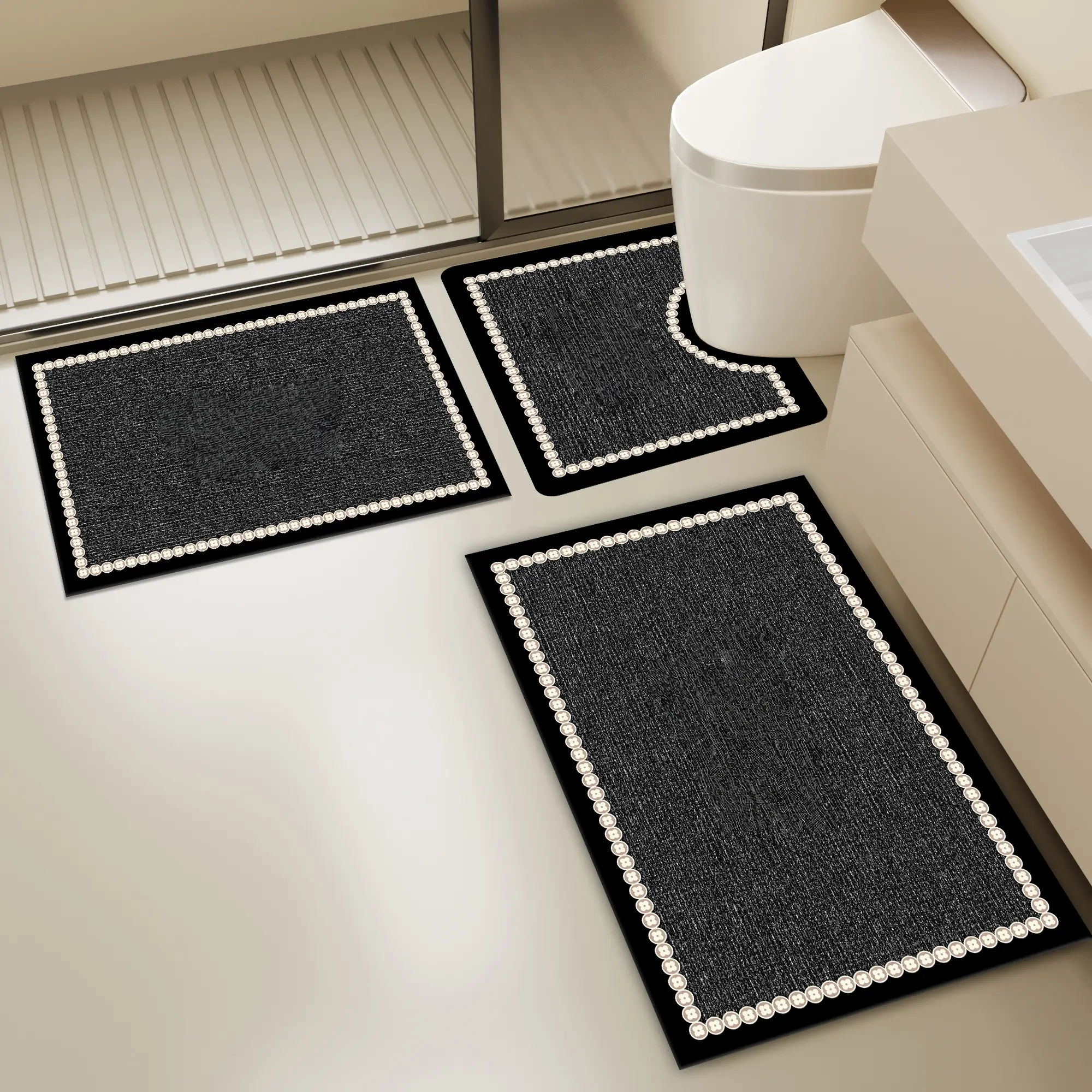 3-Piece Bathroom Rug Set, Minimalist Solid Color Toilet Mat and Rugs, Absorbent Quick-Dry with Anti-Slip Grip, Multi-Size Bath Decor, Rubber, Bathroom Sets, Three Pieces