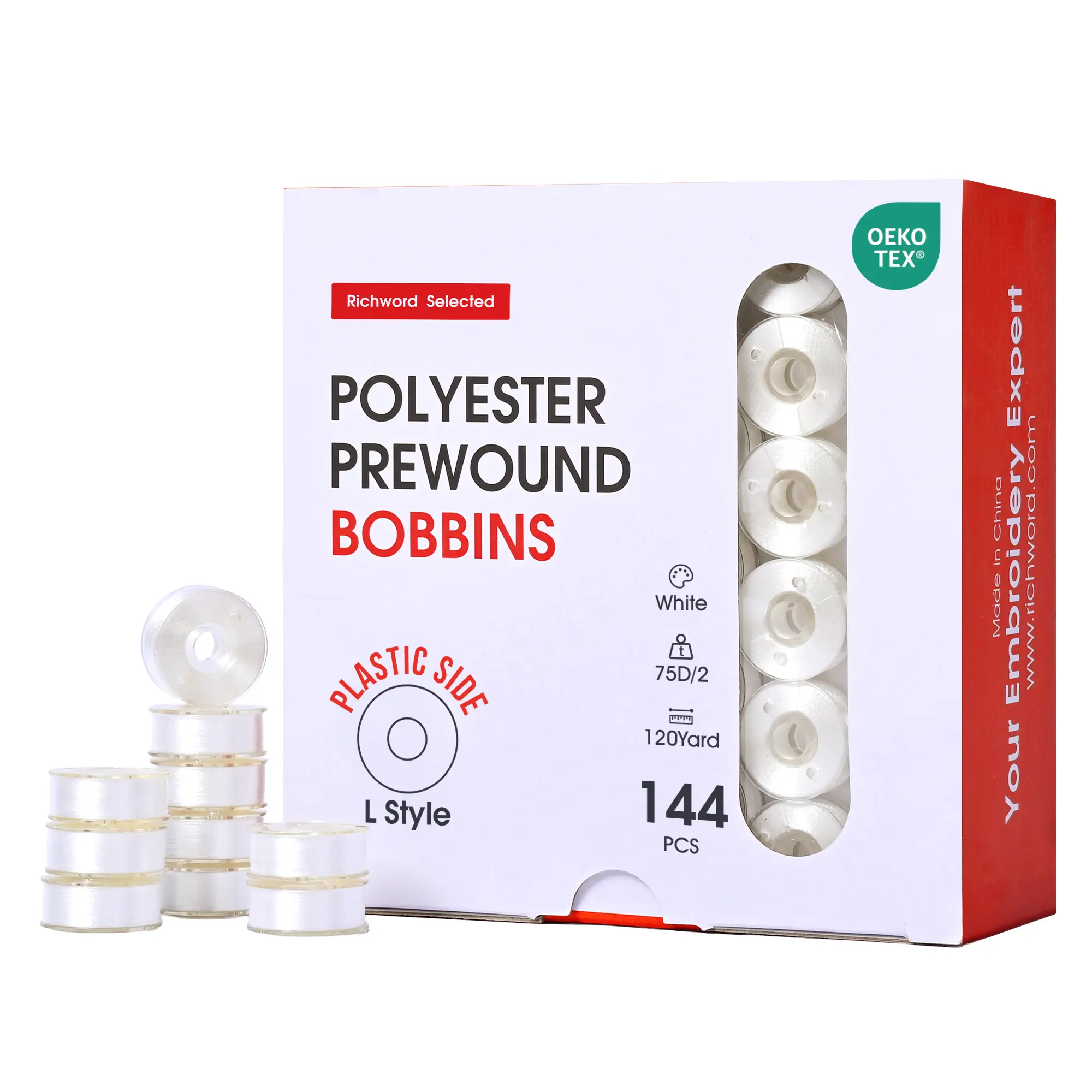 PooLin Richword Style L Prewound Plastic Side Embroidery Bobbins 144pcs for Commercial Embroidery Machines