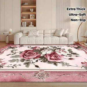 Velvet Vintage Style Area Rug, Pink and White Rose Floral Pattern, Machine Washable Non-Slip, Extra Thick Wear-Resistant Ultra Soft, for Living Room/Bedroom/Entryway, Front Door/Kitchen/Bathroom, Balcony/Apartment, Cozy Home Decor