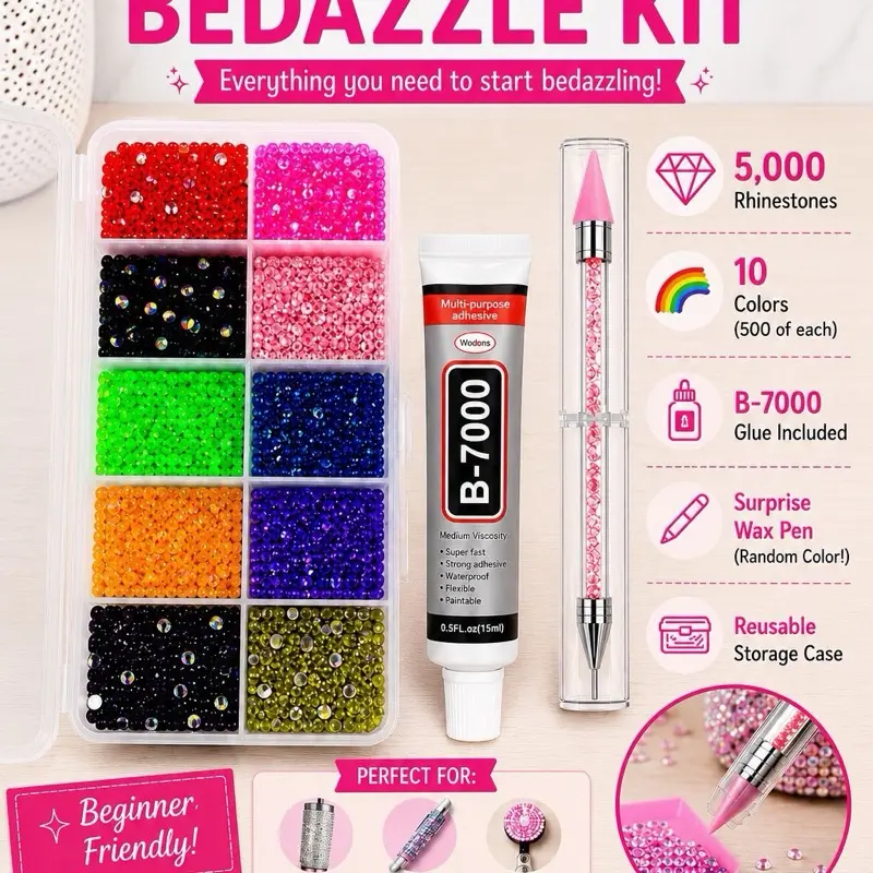 Mama’s Beginner Bedazzle Kit | 5,000 AB Rhinestones | 10 Colors | B-7000 Glue + Surprise Wax Pen