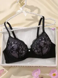 Women's Lace Floral Underwire Push-Up Bra, Natural Lift Anti-Sagging, Soft Breathable Medium Support, Adjustable Straps for Daily Wear & Date Night, Lace Bras