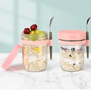 350ML Overnight Oatmeal Cup with Lid & Stainless Steel Spoon, Portable Oatmeal Cup, Durable Leak-Proof Mason Jar, Ideal for Camping and Picnics