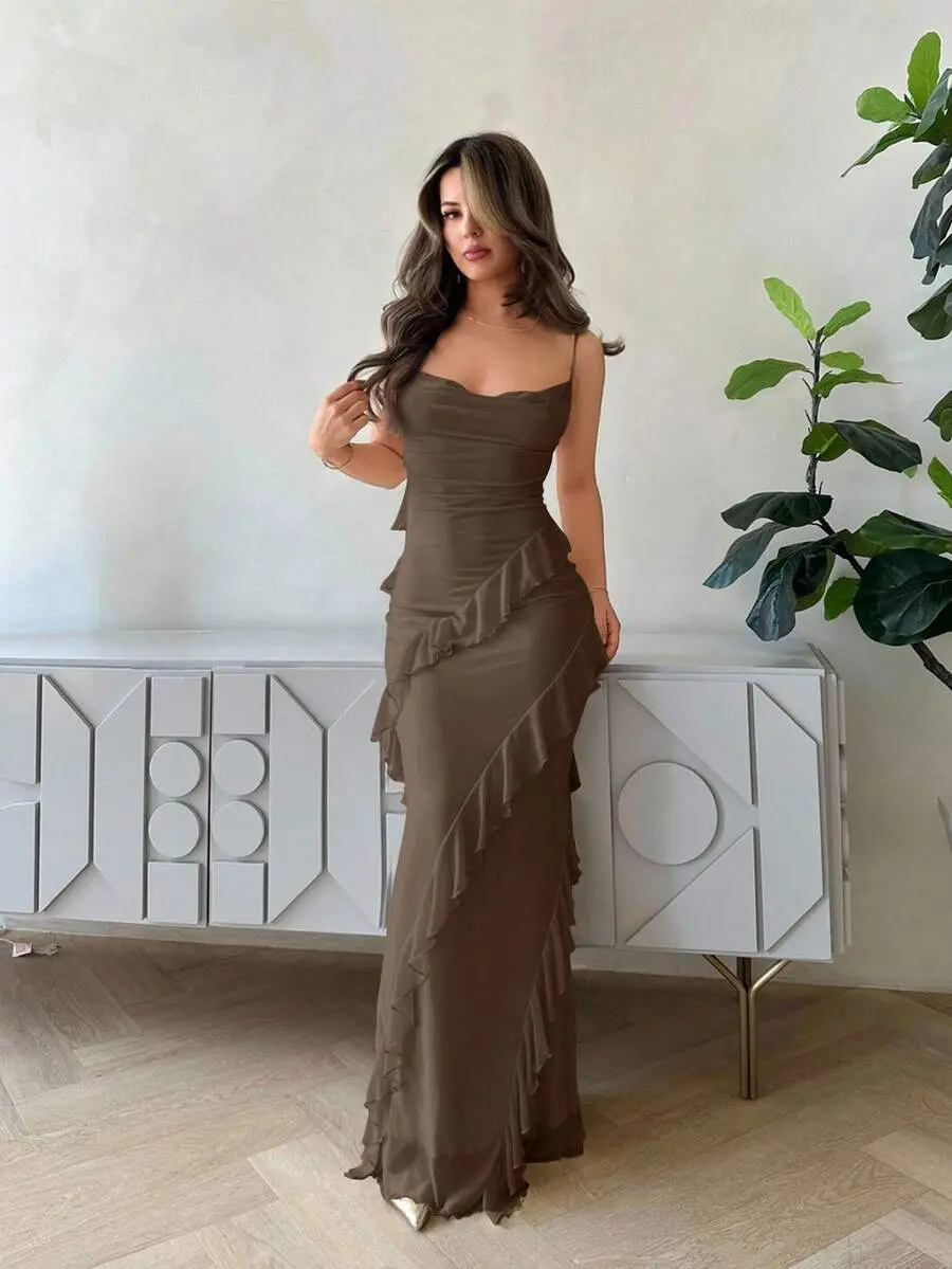Spring/Summer Romantic Date Ruffle Draped Neck Bodycon Long Dress For Women