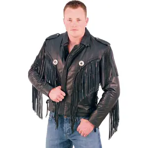 JAMIN LEATHER® Beltless Fringed Leather Motorcycle Jacket #M400FB - Men's Black Biker Jacket with Fringe, Braided Trim, Conchos, Zippered Cuffs, Inside Pocket, Side Lacing, Zip Out Lining, Soft Buffalo Leather, Distressed Look, Sizes Run Small