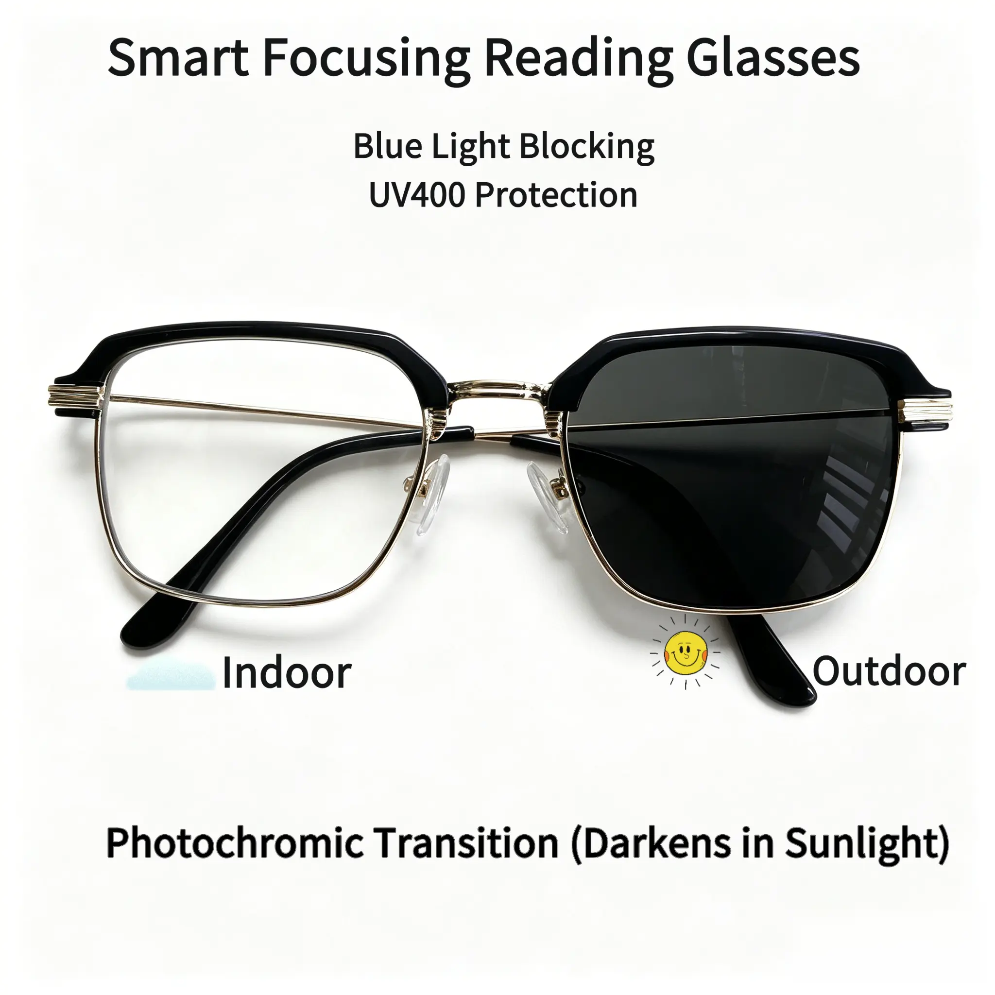 Smart Autofocus Progressive Multi-Focus Reading Glasses with Black with Gold Frame, Photochromic Transition Lenses, Blue Light Blocking, UV400 Protection, Anti-Eye Strain, Computer Magnification, Free Storage Case for Adult Office/Daily Use